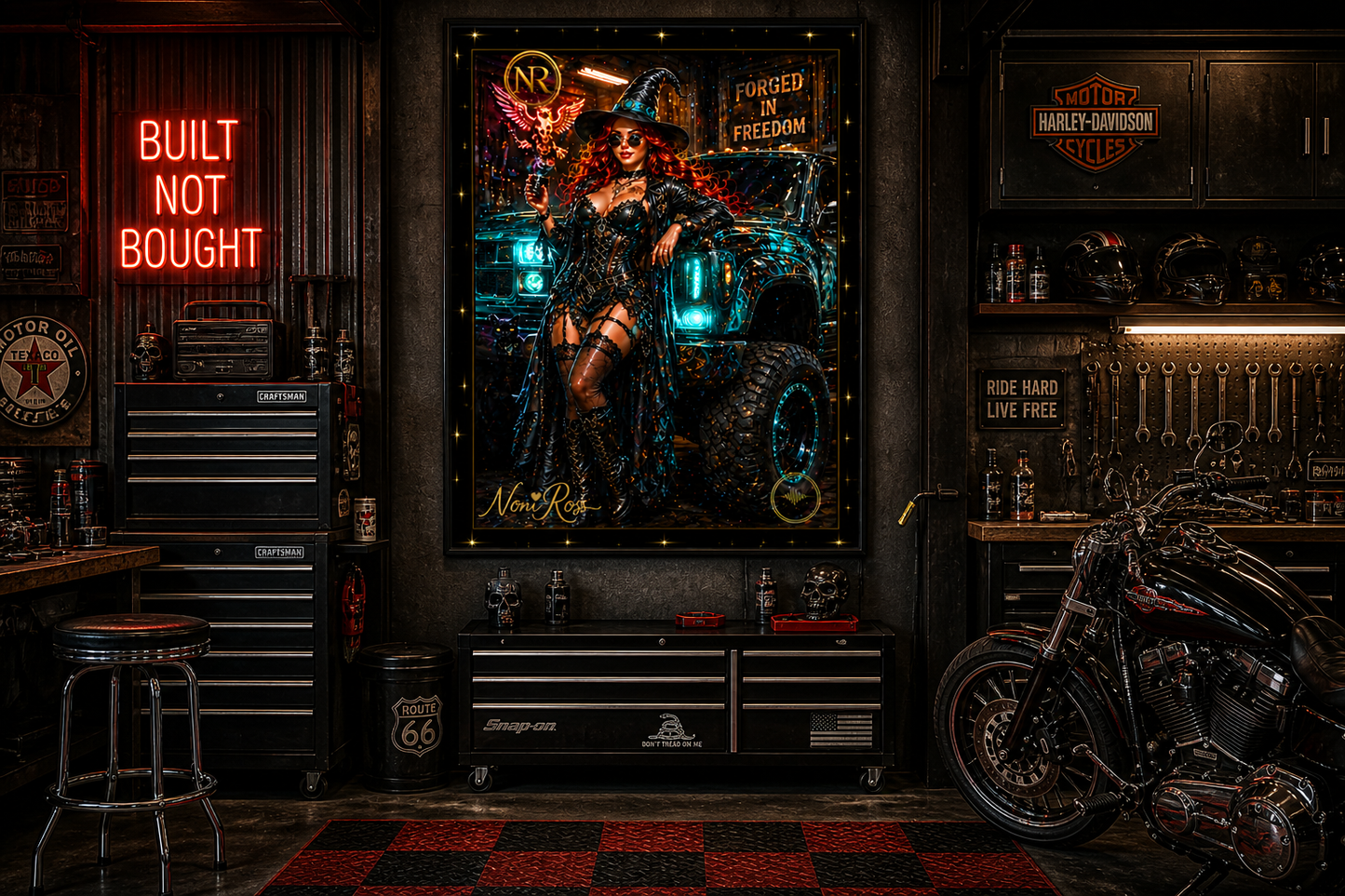 Forged in Freedom fantasy witch poster by Noni Ross mounted in a high-end garage workshop with tools, motorcycle, neon lighting, and rugged décor showcasing the bold teal and black design