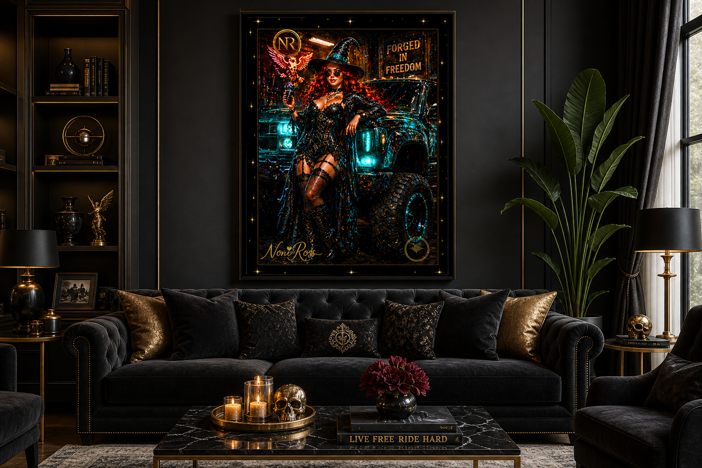 Forged in Freedom witch artwork by Noni Ross displayed in a modern luxury living room with black and gold furnishings, soft lighting, and elegant décor complementing the vivid teal and red tones