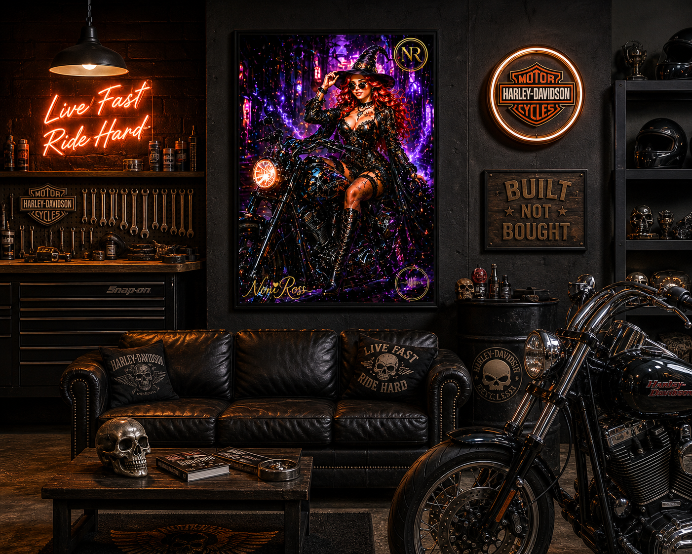 Neon motorcycle witch wall art by Noni Ross displayed above a leather sofa in a moody man cave lounge with biker décor, neon accents, and warm ambient lighting
