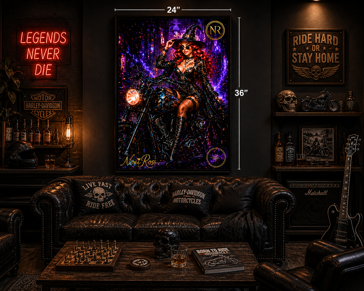 Purple lightning witch motorcycle poster by Noni Ross mounted in a stylish garage workshop with tools, motorcycle elements, neon lighting, and rugged masculine décor