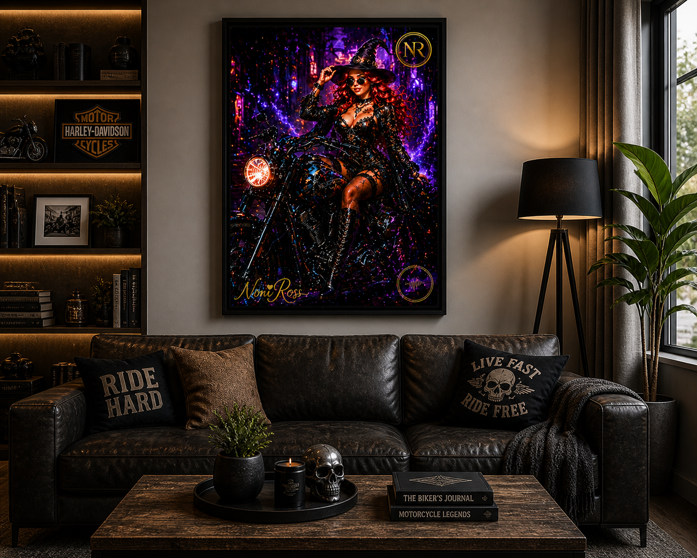 Neon Midnight Rider spellcaster artwork by Noni Ross displayed in a modern living room with leather seating, warm lighting, and décor complementing the vibrant purple and electric glow theme