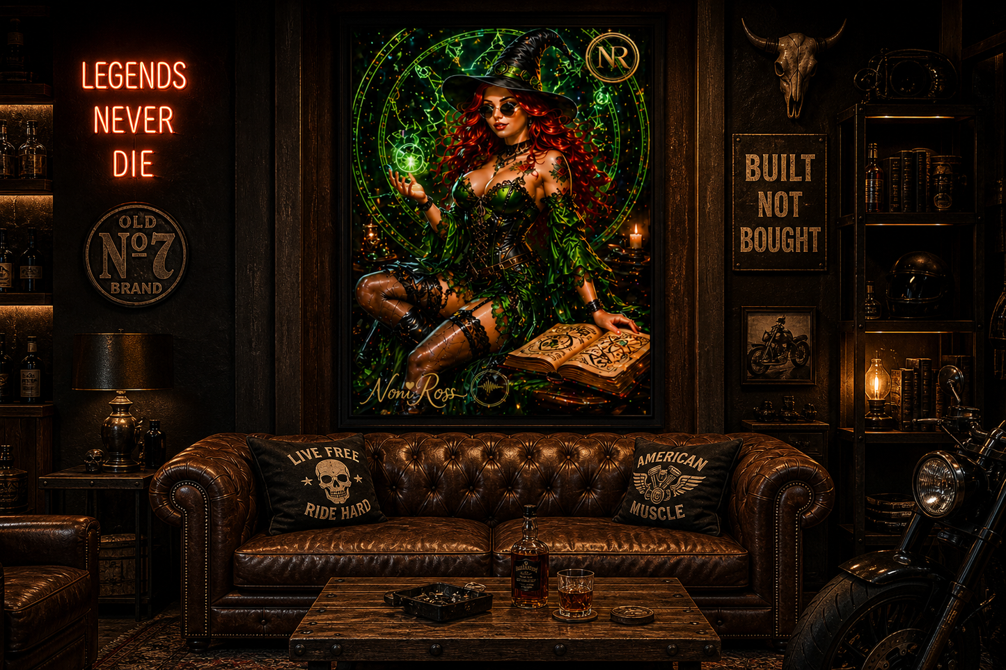 Green Spellcaster witch wall art by Noni Ross displayed above a leather sofa in a luxury man cave lounge with neon “Legends Never Die” sign, whiskey décor, and bold motorcycle-inspired styling