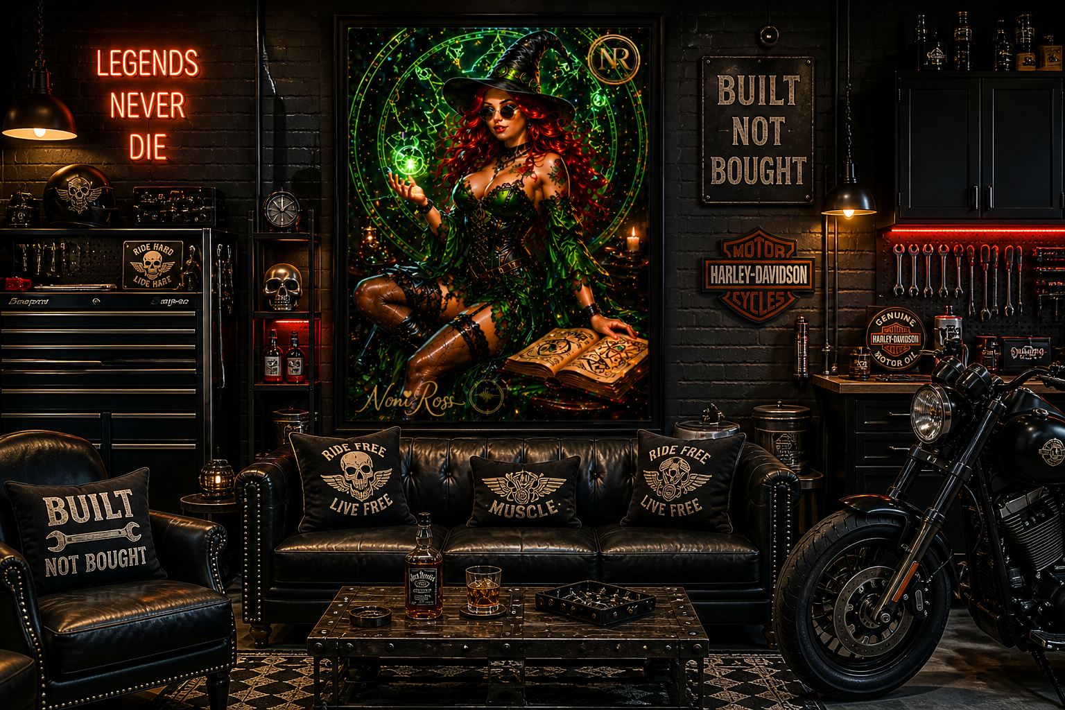 Green Spellcaster artwork by Noni Ross featured in a cinematic man cave garage with leather seating, industrial lighting, custom signage, and motorcycle display complementing the glowing emerald magic theme