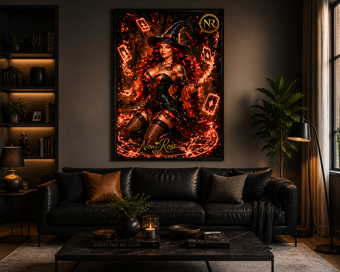 Fiery tarot spellcaster artwork by Noni Ross displayed in a modern living room with warm lighting, leather seating, and décor that complements the vivid orange and gold magical theme