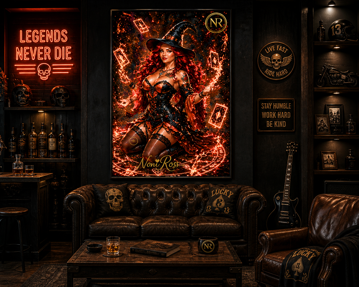 Fiery tarot witch wall art by Noni Ross displayed above a leather sofa in a dark man cave lounge with neon lighting, whiskey décor, and bold biker-inspired styling