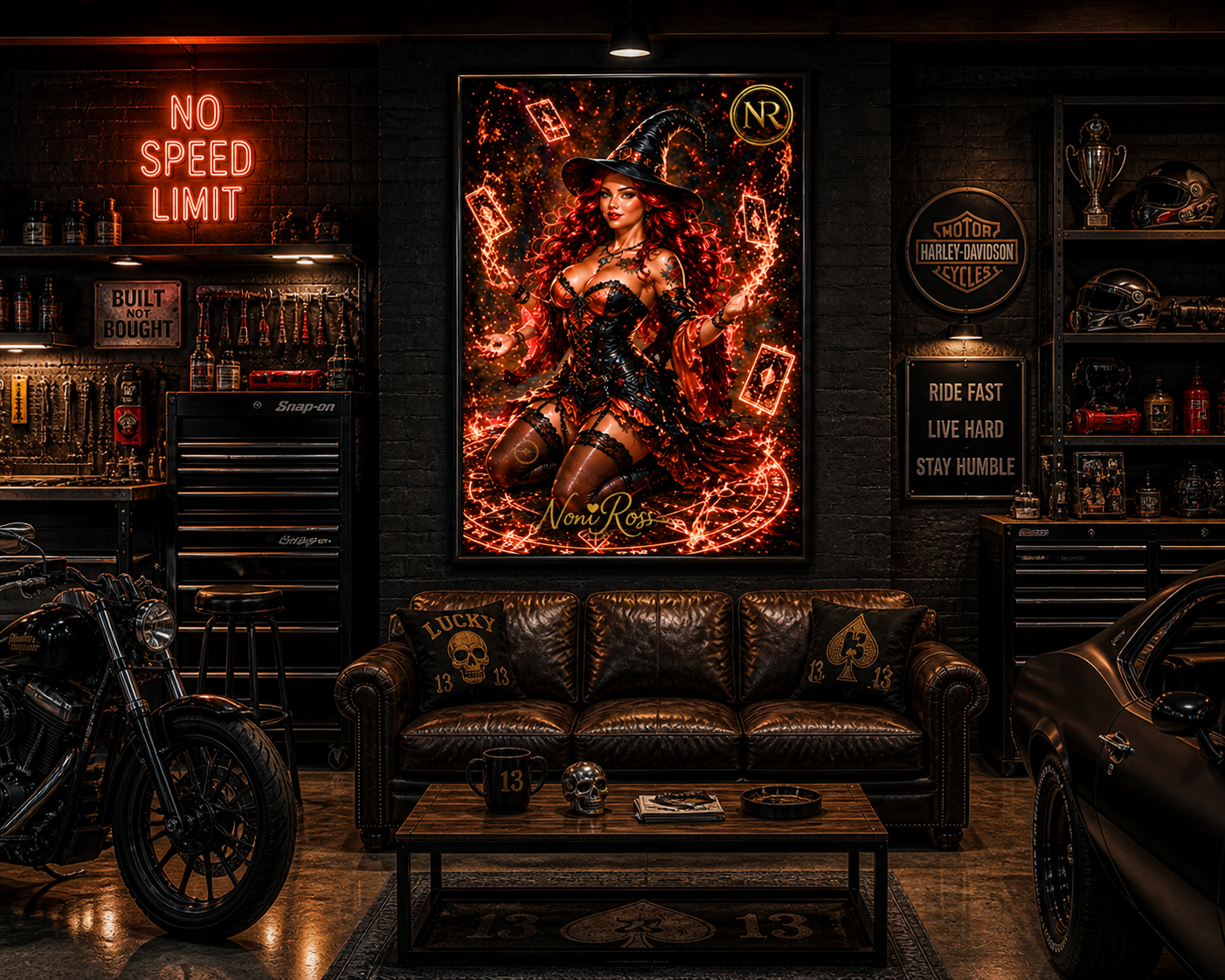 Flame spellcaster fantasy poster by Noni Ross mounted in a premium garage workshop with tools, motorcycle, neon signs, and rugged décor highlighting the intense fiery magic design