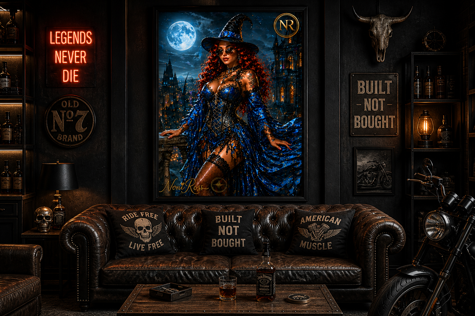 Midnight Moon Spellcaster wall art by Noni Ross displayed above a leather sofa in a dark man cave lounge with neon “Legends Never Die” sign, whiskey décor, and motorcycle-inspired styling