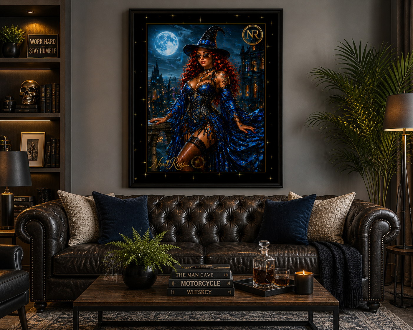 Midnight Moon Spellcaster artwork by Noni Ross displayed in a modern living room with leather sofa, warm lighting, and elegant décor complementing the deep blue and gold magical theme