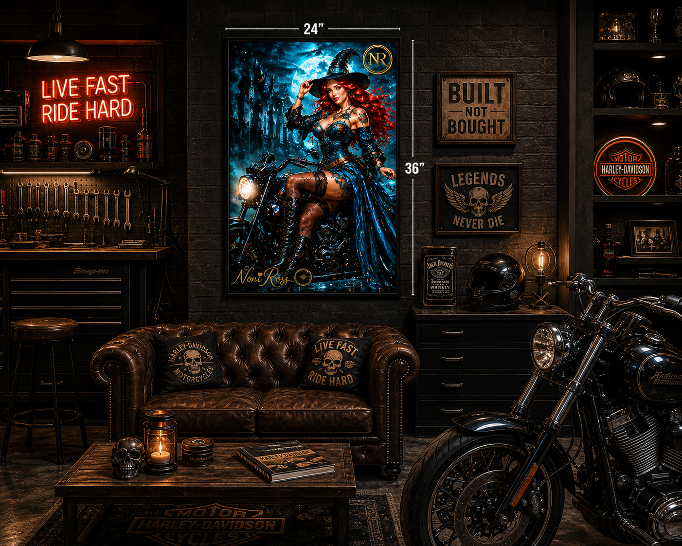 Midnight Rider witch wall art by Noni Ross displayed above a leather sofa in a dark man cave lounge with neon “Legends Never Die” sign, whiskey décor, and motorcycle-inspired styling