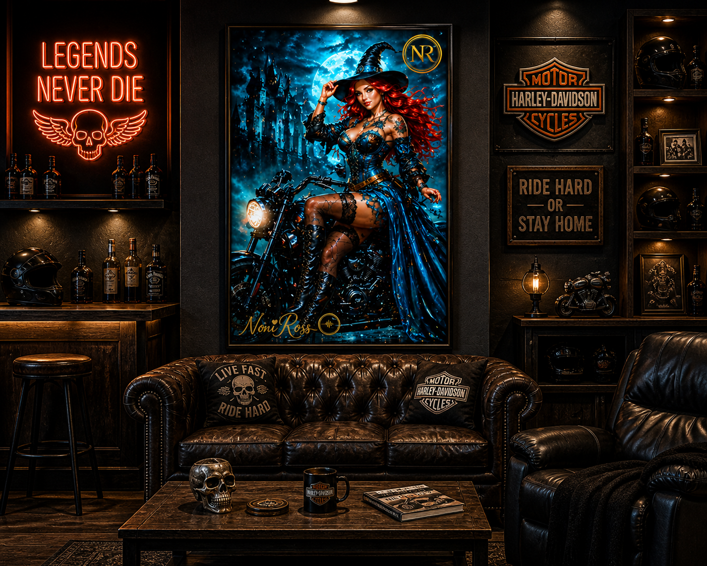 Blue gothic witch motorcycle poster by Noni Ross mounted in a premium garage workshop with tools, bike décor, neon lighting, and rugged man cave aesthetic