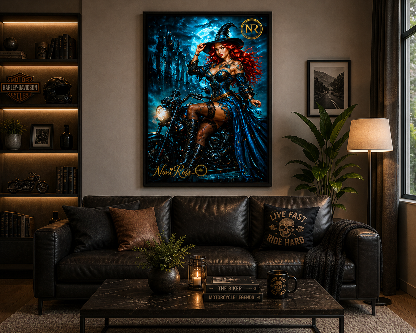 Midnight Rider Spellcaster artwork by Noni Ross displayed in a modern living room with leather seating, warm lighting, and décor complementing the deep blue moonlit fantasy theme