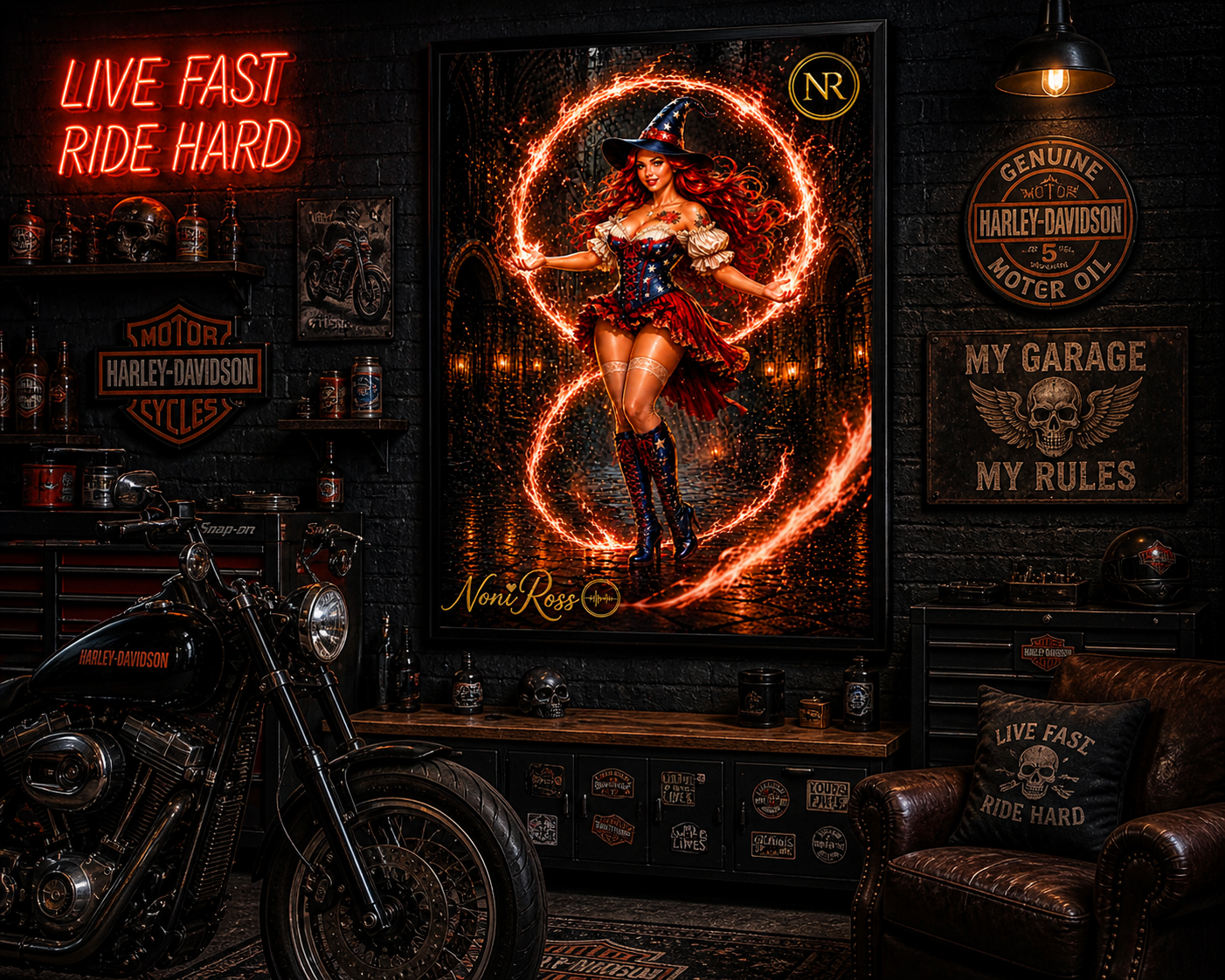 Patriotic witch wall art by Noni Ross displayed above a leather couch in a moody man cave lounge with biker décor, warm lighting, and bold masculine styling