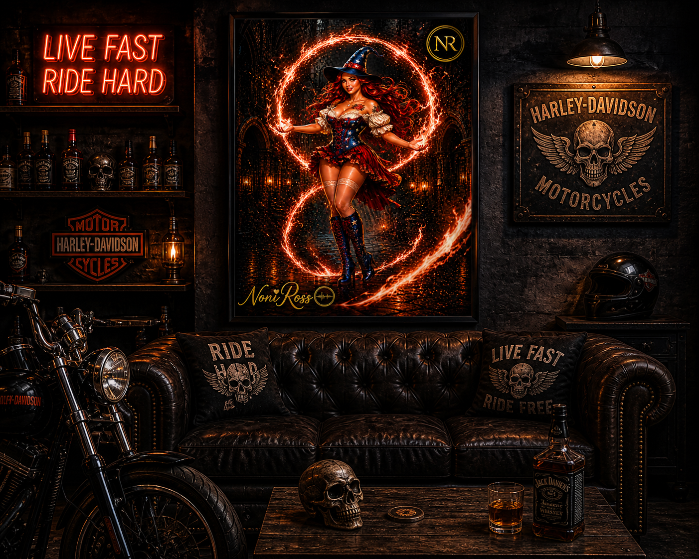 Fire spellcaster witch poster by Noni Ross mounted in a premium garage workshop with motorcycle décor, tools, neon lighting, and rugged industrial atmosphere