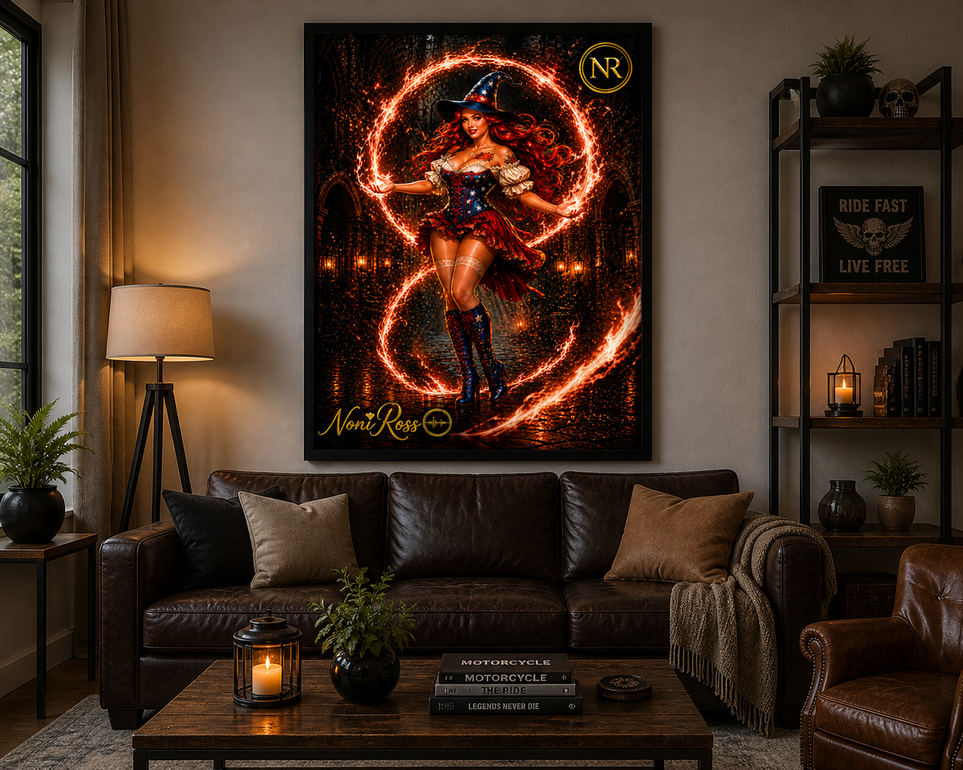 Patriotic spellcaster artwork by Noni Ross displayed in a modern living room with leather furniture, warm ambient lighting, and décor complementing the fiery red and gold tones