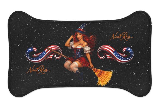 Large bone shaped pet feeding mat 30x18 with pinup witch patriotic design and ribbon accents