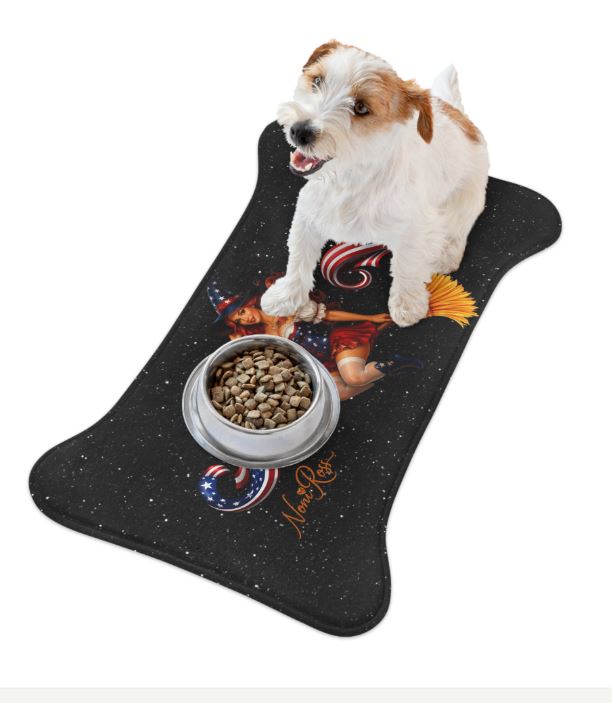 Large bone pet mat under multiple bowls for dogs in kitchen feeding area