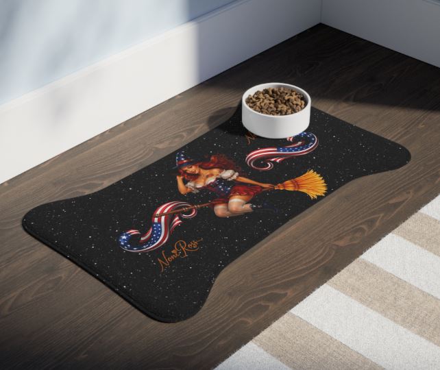 30x18 pet feeding mat with dog bowls and spacious layout in home environment