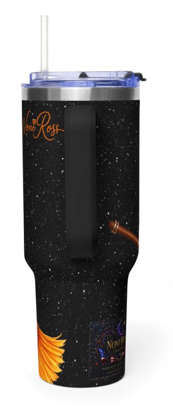 back view of patriotic 40oz tumbler showing full wrap starry design and vibrant print