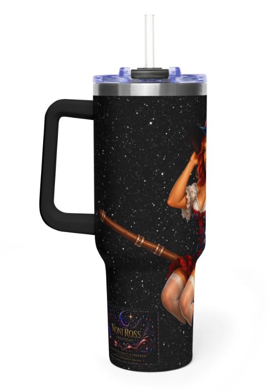left side view of insulated tumbler with Noni broom design and deep space background