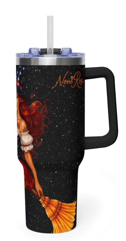 right side view of 40oz travel tumbler with ergonomic handle and bold patriotic artwork
