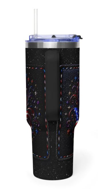 back view of insulated tumbler showing full wrap celestial design and patriotic accents