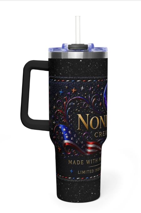 left side of 40oz tumbler featuring starry background and Noni Ross Creations branding elements