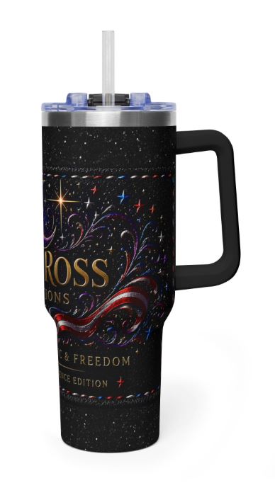 right side view of stainless steel tumbler with ergonomic handle and cosmic themed design