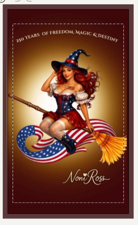 Close up of patriotic witch blackout curtain showing detailed pinup witch red hair stars outfit and glowing background design