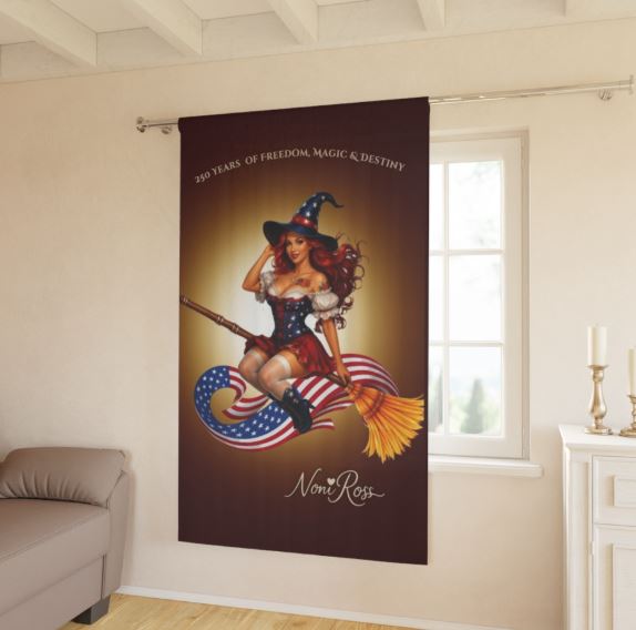 Patriotic blackout curtain displayed in bedroom setting with witch pinup artwork and warm glowing background decor