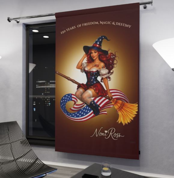 Americana witch blackout curtain styled in modern home interior with bold red white blue magical pinup design