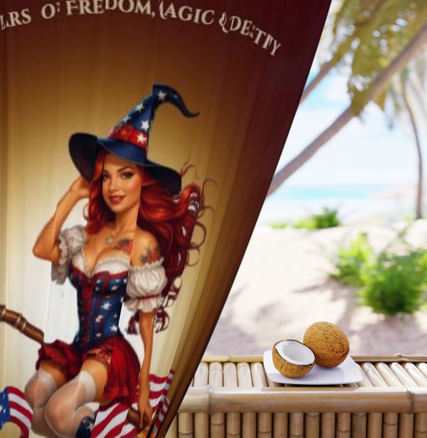 Witch themed blackout curtain in cozy living room setting featuring vintage pinup witch and celestial Americana design