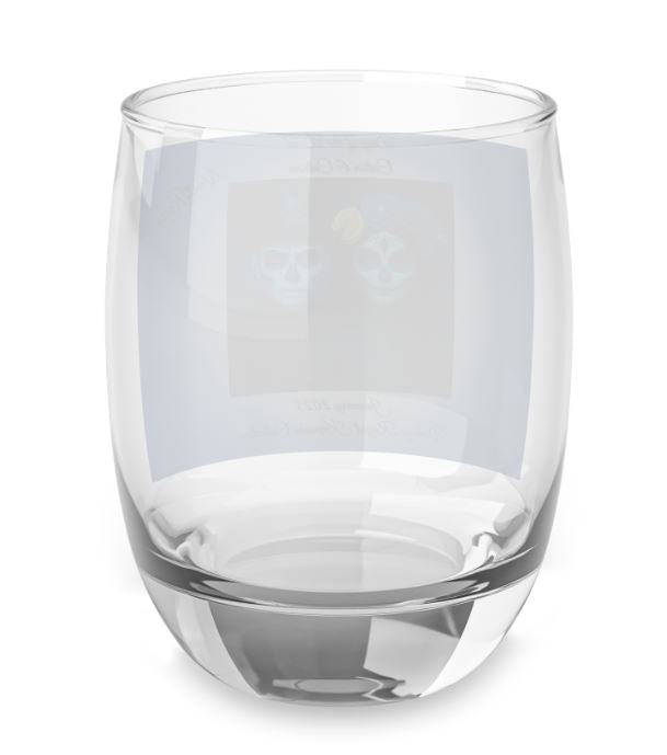 back view of january day of the dead whiskey glass showing blue gradient wrap and keepsake design