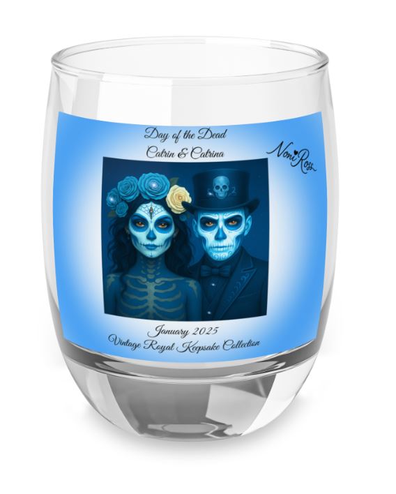 front view of day of the dead couple whiskey glass showing blue catrin and catrina portrait january design