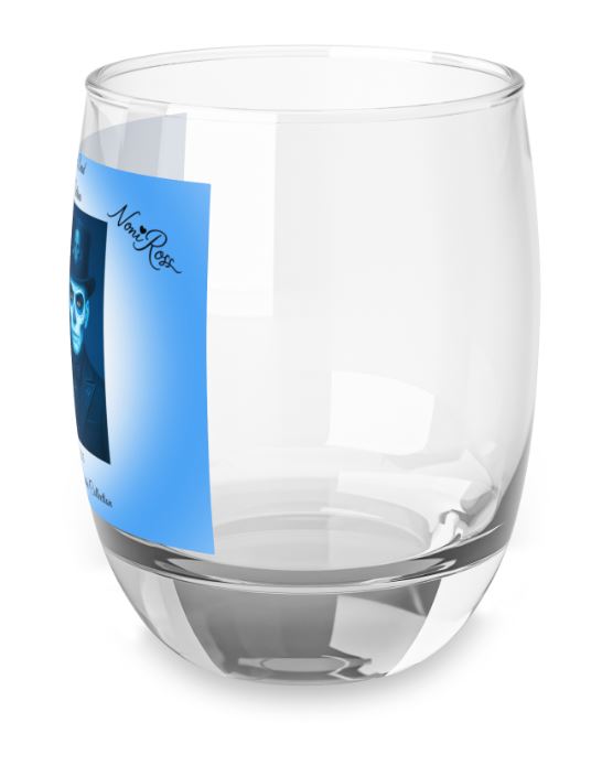 left side view of 6oz whiskey glass with blue catrina and catrin artwork and partial wrap design