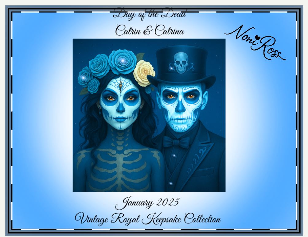 close up of day of the dead couple artwork showing detailed blue catrina and catrin portrait on glass