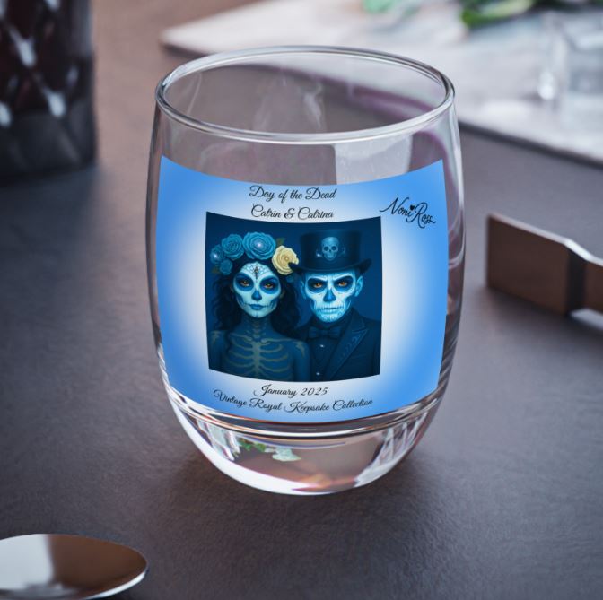 blue vintage royal catrina and catrin whiskey glass styled for ecommerce product display
