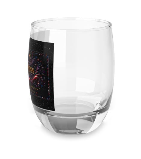 Side angle of NRC signature wine tumbler glass highlighting curved shape and logo placement