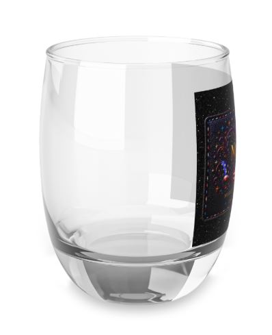 Opposite side view of stemless wine glass with visible edge of printed NRC celestial logo