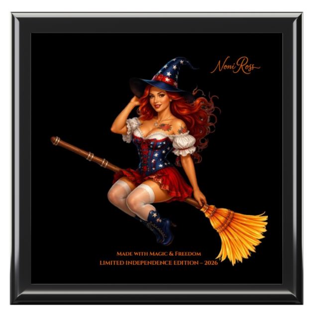 NRC witch jewelry box with glossy ceramic tile top and wooden keepsake box design closed view