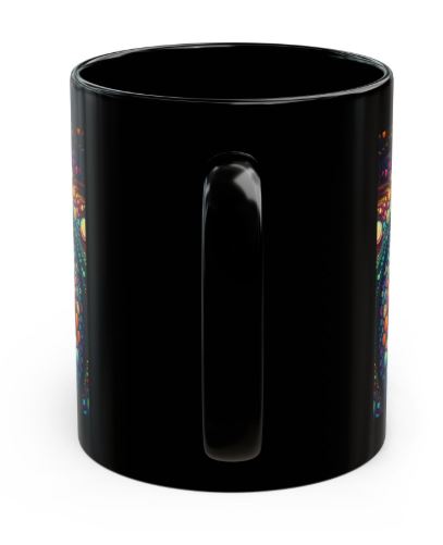 Black 11oz ceramic mug back view showing continuation of Cosmic Bloom Resonance spiral pattern with vivid multicolor detail by Noni Ross Creations