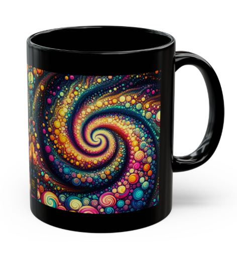 Black 11oz ceramic mug featuring Cosmic Bloom Resonance colorful spiral design with vibrant multicolor dots on dark background by Noni Ross Creations