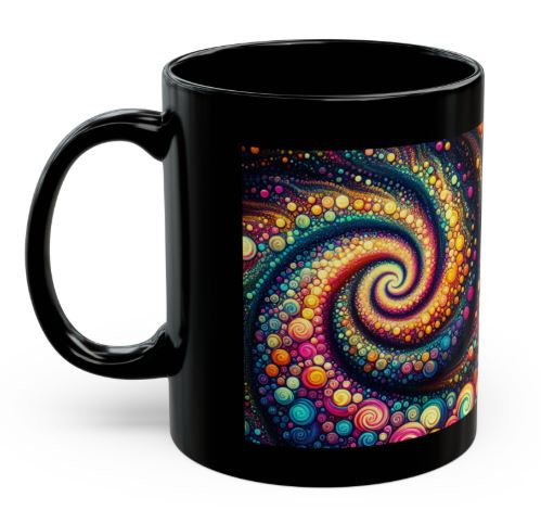 Left side view of black 11oz mug displaying Cosmic Bloom Resonance spiral artwork with bright colorful pattern by Noni Ross Creations