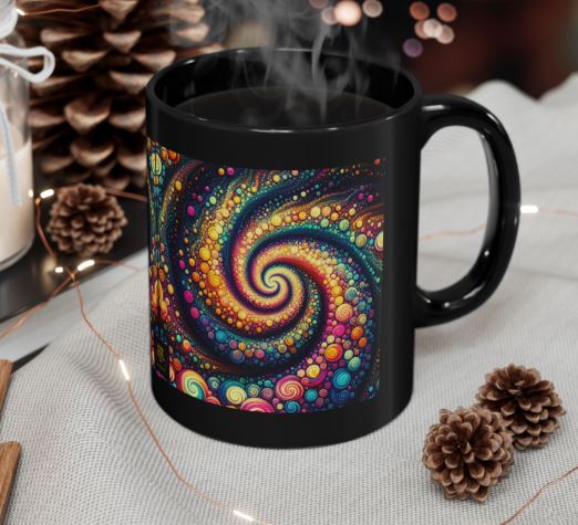 Cosmic Bloom Resonance black mug displayed on table with colorful spiral design glowing against cozy setting by Noni Ross Creations