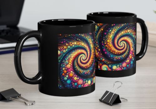 Close-up of Cosmic Bloom Resonance mug highlighting vibrant multicolor spiral pattern and glossy black ceramic finish