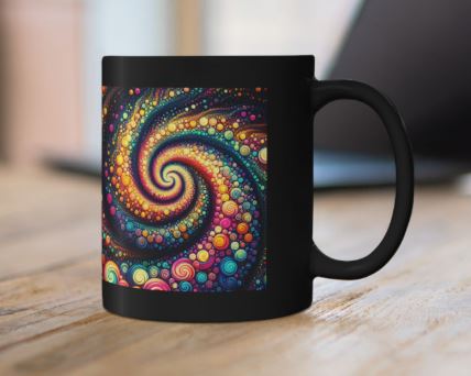 Cosmic Bloom Resonance mug styled as gift with bold colorful spiral design on black mug by Noni Ross Creations