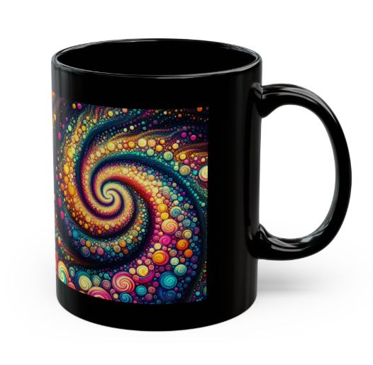 Right side view of black 11oz mug featuring continuation of Cosmic Bloom Resonance multicolor spiral design by Noni Ross Creations