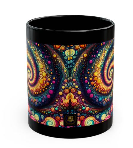Black ceramic mug side view with no handle, showing edge of Cosmic Bloom Resonance design wrapping around mug by Noni Ross Creations