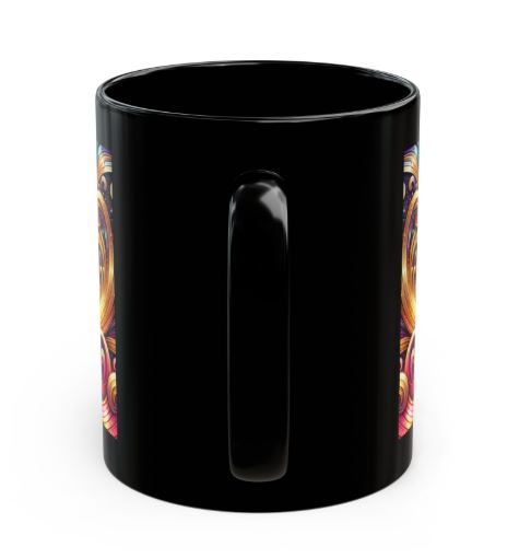 black ceramic mug back view with handle showing continuation of Golden Ember Resonance swirl pattern wrapping around mug