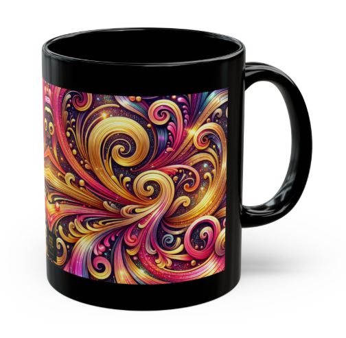 black 11oz ceramic mug featuring Golden Ember Resonance vibrant swirling design with gold red and orange tones by Noni Ross Creations