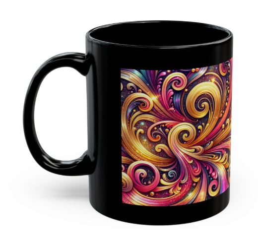 left side view of black mug displaying Golden Ember Resonance abstract spiral artwork with bold golden and crimson tones